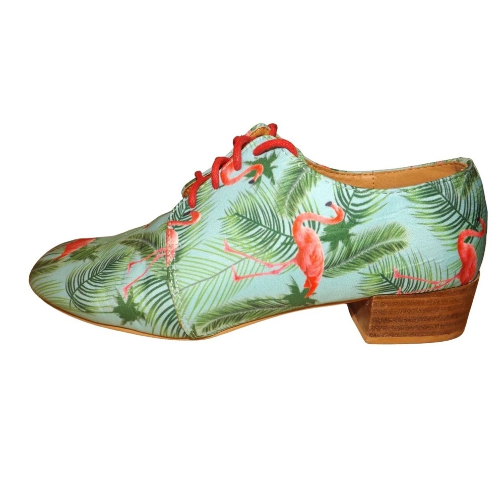 NYLA Lowind Derby Shoes Women Sz 8 Flamingo Print Lace Up Block Heel Hippie VTG